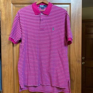 Men’s size large Polo by Ralph Lauren fuschia, blue & white stripe polo shirt